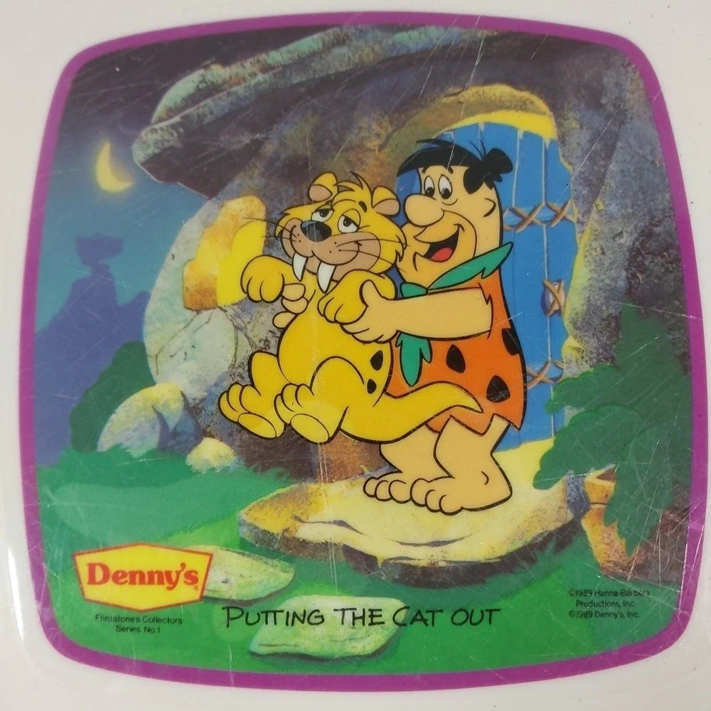 VTG 1989 Denny's Flintstones Plates‎ 'Putting Out Cat'